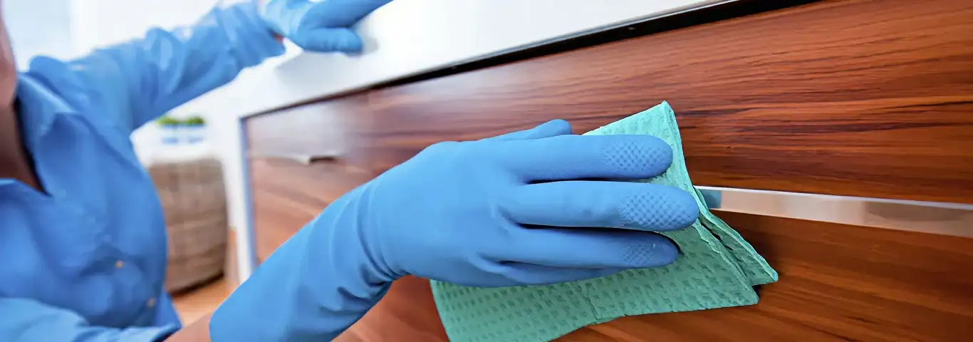 Cleaner wearing blue gloves wiping a wooden cabinet drawer with a microfiber cloth for dust and grime removal, Boston, MA.