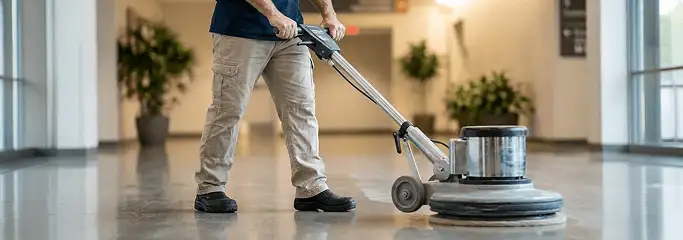 Professional technician using an industrial floor buffer to polish and maintain shiny commercial flooring in a corporate hallway in Boston, MA.
