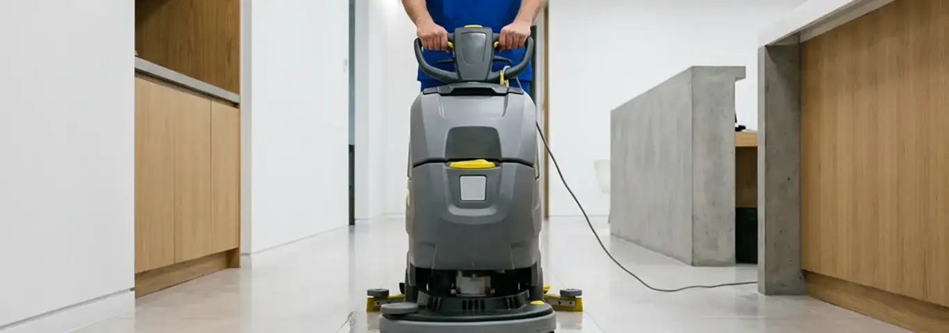 Janitorial staff using a floor scrubber machine to clean a commercial hallway, Boston, MA.