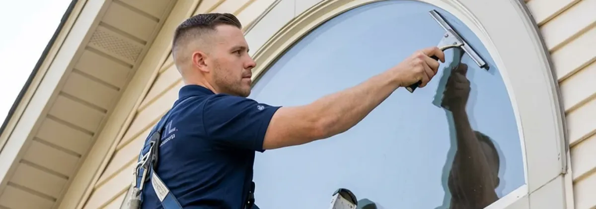Professional window cleaner using a squeegee to clean an exterior arched window on a home, Boston, MA.
