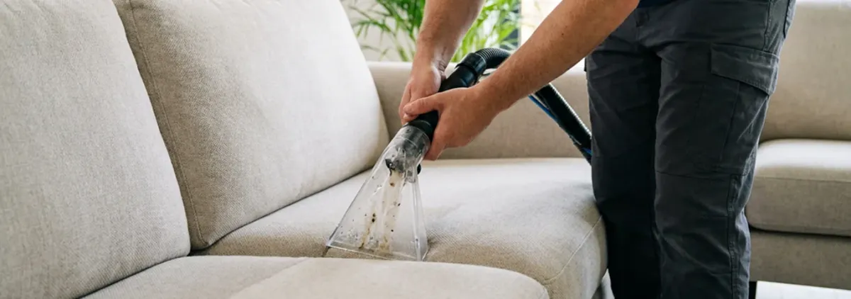Technician extracting dirt and moisture from a fabric sofa with an upholstery cleaning wand, Boston, MA.